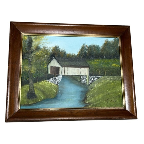 1981 ORIGINAL KELLENBERGER OIL PAINTING COUNTRY COVERED BRIDGE FOLK ART 14x11